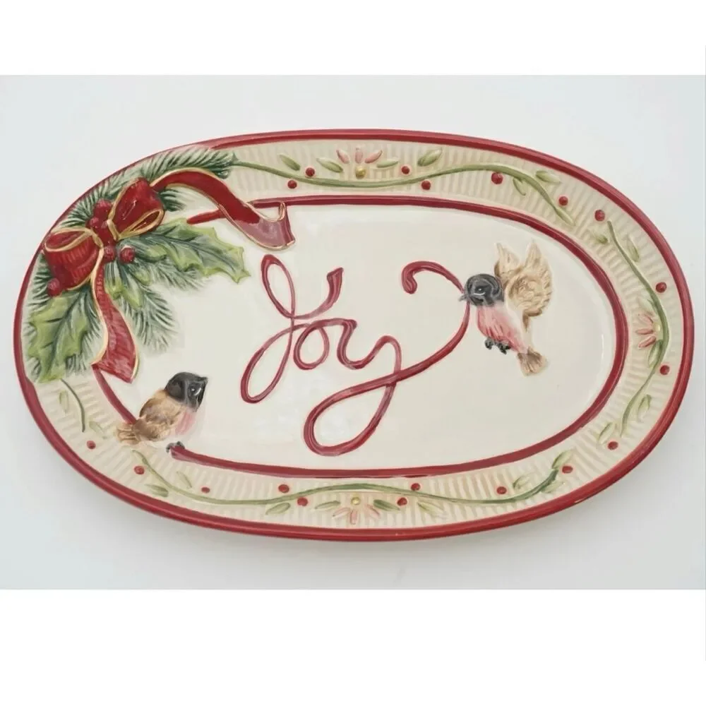 Fitz And Floyd Santa's Forest Friends Joy Christmas Platter Birds Nature Winter